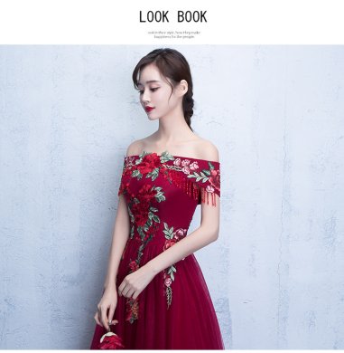 新娘敬酒服，一字肩中式結婚禮服