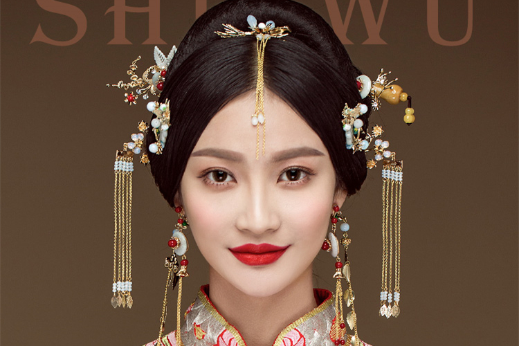 古玉串珠中式流蘇頭飾，新娘古裝發(fā)飾套裝