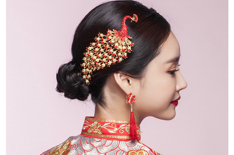 金色中式新娘鳳凰頭飾，盤發(fā)插梳敬酒服發(fā)飾