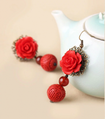 福連文苑紅色耳墜新娘配飾漆雕耳環(huán)