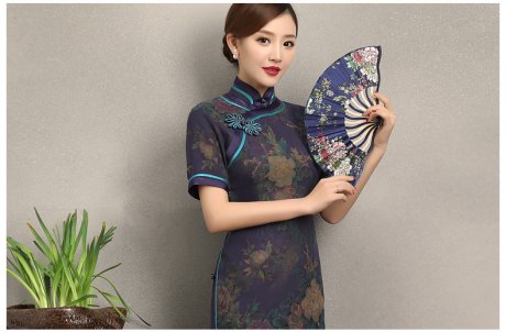 紫韻真絲香云紗旗袍，復(fù)古改良短袖旗袍裙