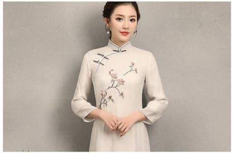 蘭花刺繡素雅旗袍，米白色中長款旗袍裙