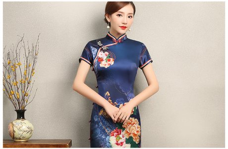 知性優(yōu)雅藍(lán)色旗袍，花嬌印花短袖旗袍裙