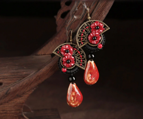 紅花朵陶瓷福連文苑耳環(huán)首飾