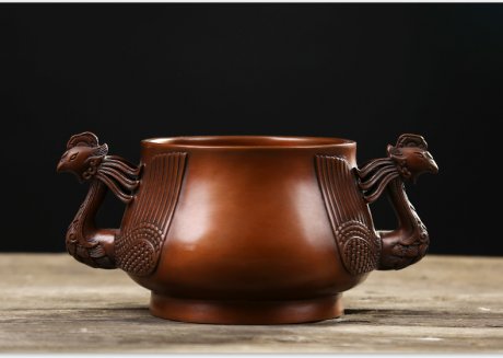 紫銅雙鳳耳香爐，仿古無蓋熏香爐