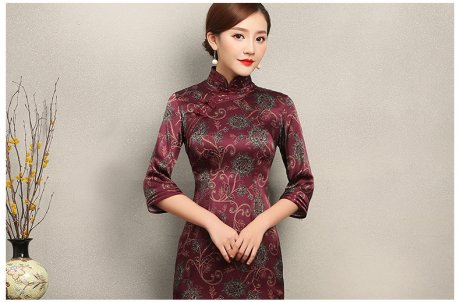 端莊典雅紫紅色旗袍，中袖真絲旗袍裙