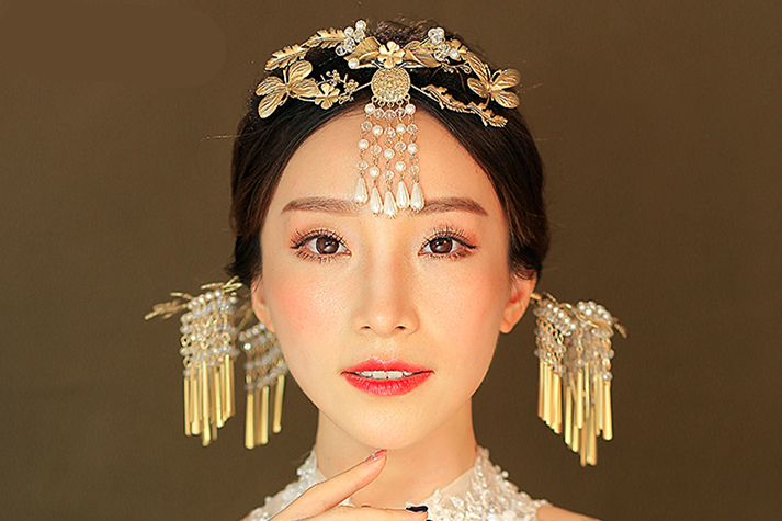 金色復(fù)古宮廷頭飾，古典蝴蝶流蘇額飾