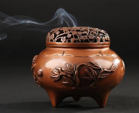 四季花卉香爐，鏤空仿古紫銅熏香爐