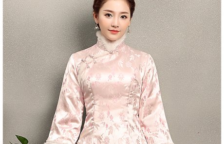 淺粉復古毛包邊女士唐裝