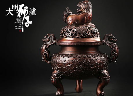 大明獅子紫銅香爐，仿古宣德熏香爐
