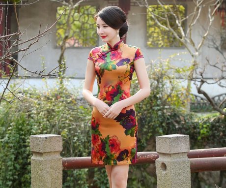 嬌艷花朵時(shí)尚古典短袖旗袍裙