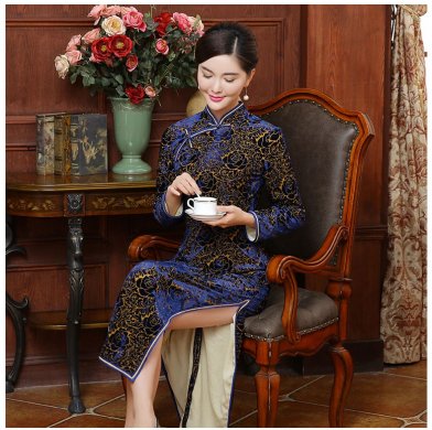 唯美絲絨燒花玫瑰圖案旗袍，情顏長袖旗袍裙