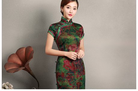 復(fù)古墨綠抽象色彩短袖旗袍，蠶絲時(shí)尚旗袍裙