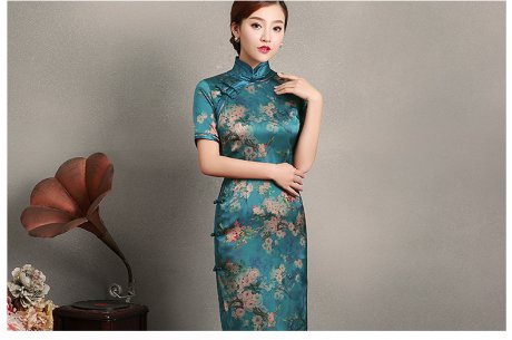 藍(lán)綠色玉梅短袖旗袍，蠶絲時(shí)尚旗袍裙