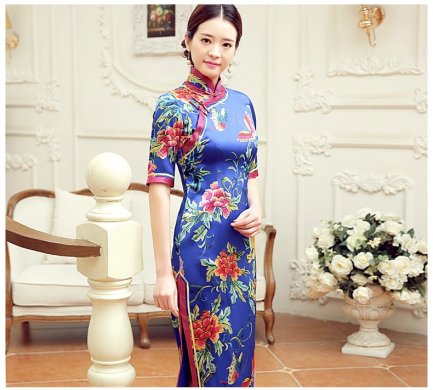 復(fù)古蝶花舞短袖旗袍，蠶絲時(shí)尚旗袍裙