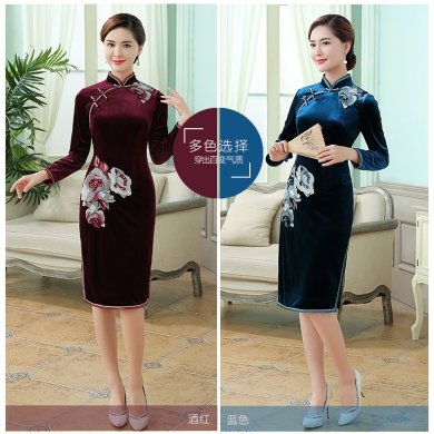 花朵絨面旗袍，時(shí)尚長袖旗袍裙。