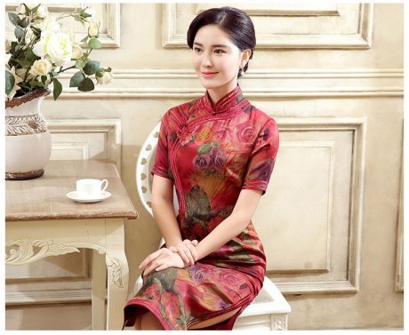 紅色花色短袖旗袍，蠶絲印花旗袍裙