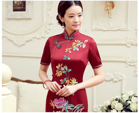 紅色桂花香短袖旗袍，蠶絲刺繡旗袍裙