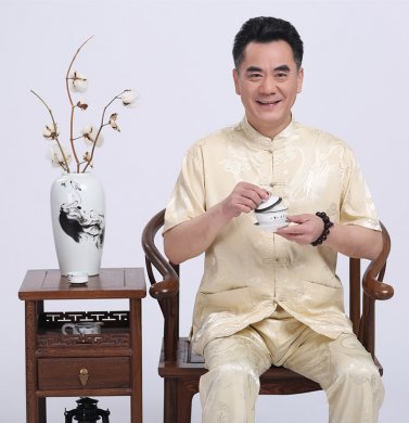 米黃色福連文苑繡龍?zhí)籽b男士唐裝