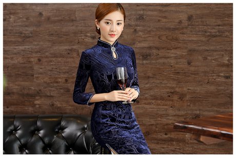 復古絲絨燒花旗袍，時尚藍色中長款旗袍裙