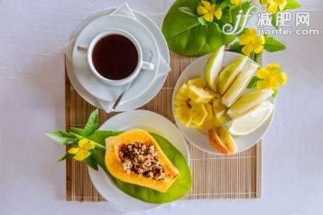 飲食,食品,盤子,熱飲,早餐_569567829_Breakfast with payapa, tropical fruit and coffee_創(chuàng)意圖片_Getty Images China